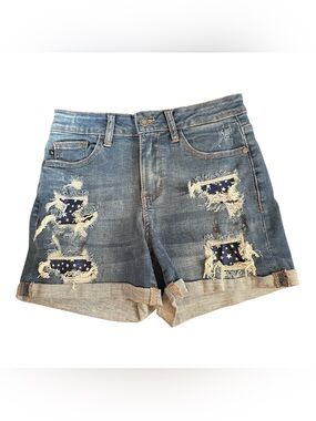 Judy Blue Denim Shorts Blue JB150061 Women’s S Mid Rise Star Patch Distressed